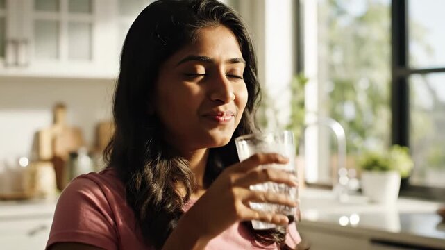 Indian woman in pink shirt drinking fresh water from a glass in a bright kitchen. Natural sunlight illuminates the scene while she stays hydrated indoors.