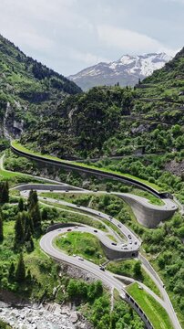 Aerial View of Winding Hairpin Turns in the Sch&ouml;llenen Gorge, Switzerland.