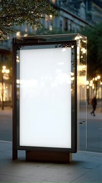 A vertical backlit advertising poster stands on a city sidewalk at dusk with pedestrians blurred in the background. Ideal for showcasing outdoor media campaigns or brand identity mockups.