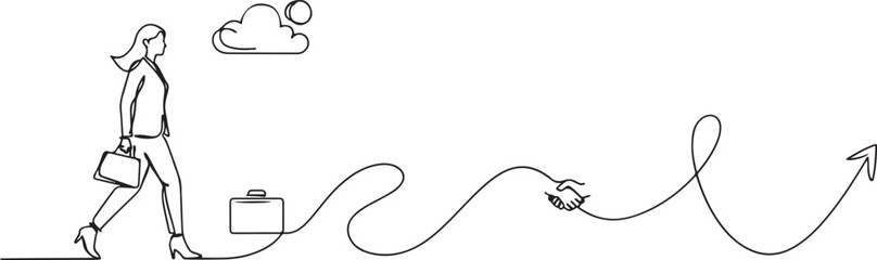 Obraz premium Woman follows a winding arrow road in single line draw. National Productive Business Civility Day with a business concept.one line vector illustration with white background