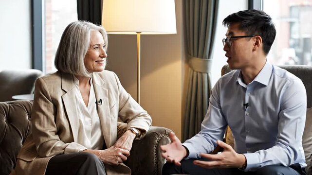 Woman and man talking during business interview in lounge