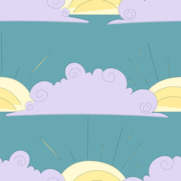 Seamless pattern with clouds and sun in blue background