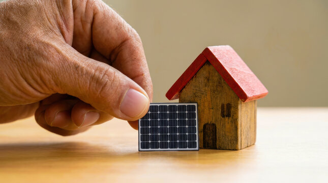 Hand solar panel toy house renewable energy wood model placing home adult hand placing solar panel beside wood toy house for clean power concept