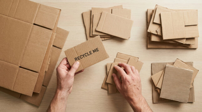Cardboard recycle hand paper waste sorting corrugated scrap on wood table with eco friendly reuse concept