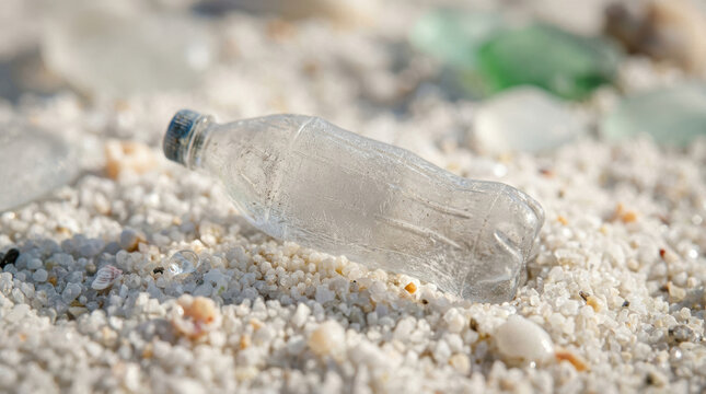 Plastic bottle sand beach waste pollution clear, discarded container lying on grain and shell fragment near coast, environmental concern