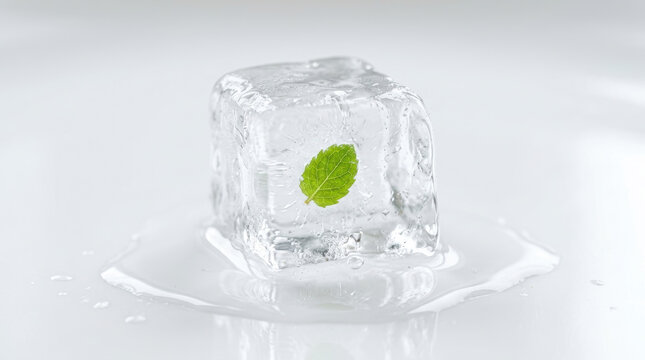Ice cube leaf melting water green frozen clear closeup fresh ice cube with leaf melting on white surface with wet reflection