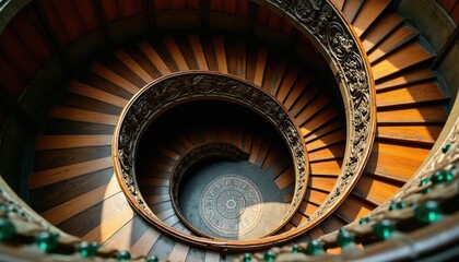 Fototapeta premium Grand antique wooden spiral staircase descends into darkness. Intricate carvings adorn railings. Warm light creates shadow patterns on wood stpic. Circular design repeats endlessly.