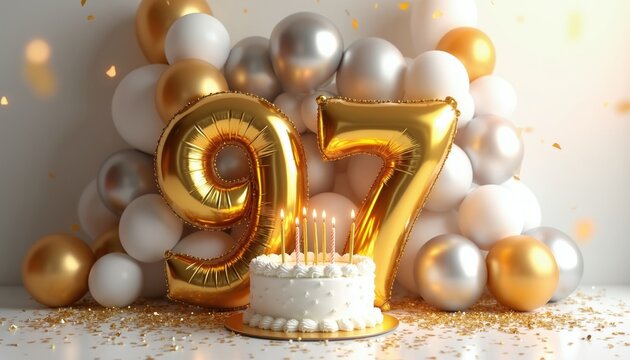Gold balloons and white cake with candles celebrate 97th birthday. Festive gold and silver balloons form a backdrop for a milestone anniversary party.
