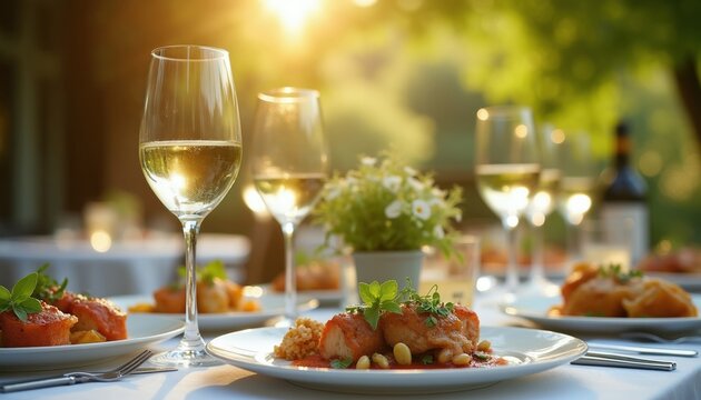 Outdoor table set for elegant meal with white wine. Gourmet food plates ready for serving. Sunlight shines on festive dinner party in garden.