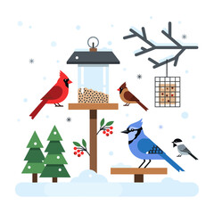 Stylized Winter Birds at a Backyard Feeder Station Illustration © Slon