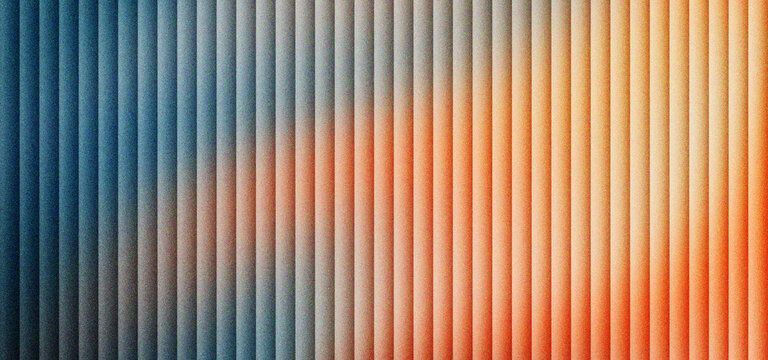Abstract fluted glass texture with orange and blue gradient light, ribbed glass panel background for modern interior design, vertical parallel lines on frosted glass surface for web banner.