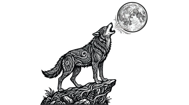 Intricate woodcut wolf howling at the full moon vector, ornate tribal wolf silhouette on cliff, mystical black and white wildlife engraving