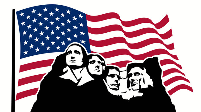 Mount rushmore national memorial with american flag background illustration