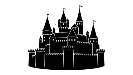 Silhouette of a Majestic Castle: A striking silhouette of a grand castle stands against a stark background, its numerous turrets and battlements intricately detailed. © mojahedh