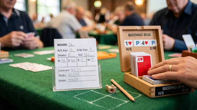 Close-up of a bridge scorecard and bidding box on a green felt table, tournament setting, shallow depth of field, clean stock photography