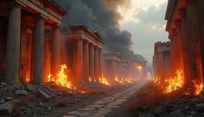Naklejka premium Ancient Roman city street engulfed in flames. Thick smoke billows into the sky above burning ruins. Fire consumes crumbled buildings and stone columns on a desolate path.