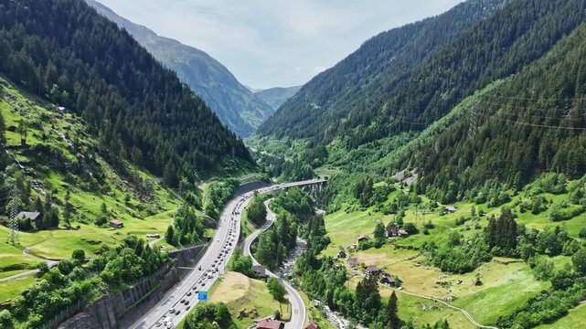 Aerial View of Holiday Traffic Queue on the Gotthard Motorway