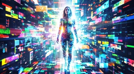 Fototapeta premium Pixelated avatar walking through immersive data corridor. Concept of digital identity and metaverse exploration in high-tech virtual environment.