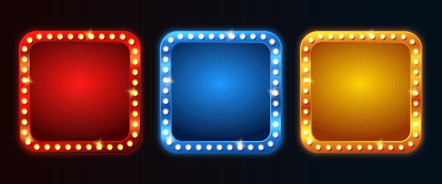 Retro light cinema frame. Square lightboxs with neon light on dark background