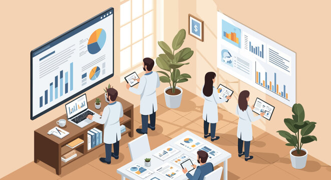 Scientists analyzing data in a modern laboratory setting with charts and graphs.