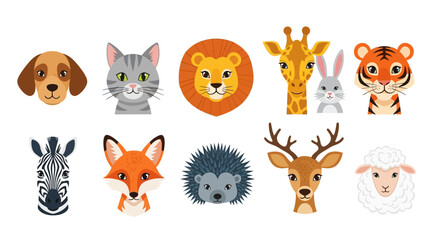 Naklejka premium Cute animal faces, cartoon zoo creatures, vector icons set, colorful wildlife illustrations