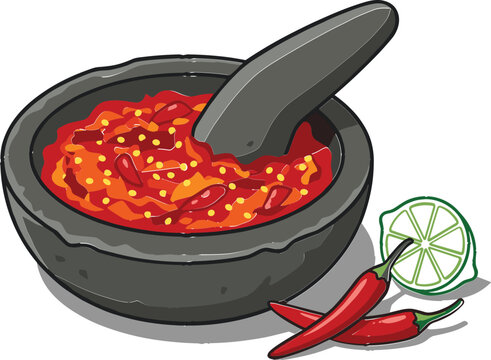 Traditional chili paste sambal in stone mortar pestle with lime