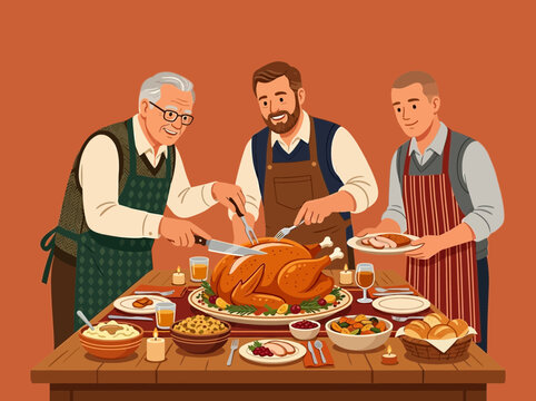 Family Carving a Roasted Turkey for Thanksgiving Dinner