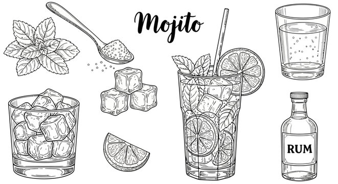 Mojito vector icons, refreshing drink elements, cocktail illustrations, minty beverage graphics