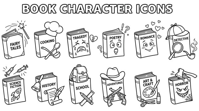Book character icons genres and learning materials.