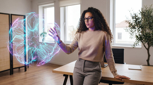 Innovation manager interacting with immersive AI visualization in the workplace