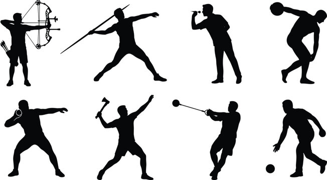 Set of throwing sports and track and field athlete silhouettes featuring javelin shot put discus and archery.