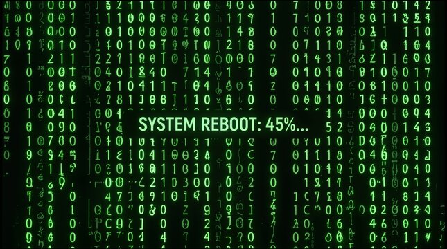 Computer system rebooting with progress bar on green digital code background. Cybersecurity and data processing concept.