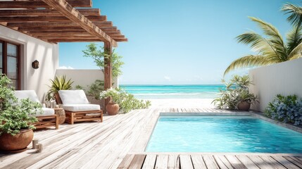 Obraz premium Luxurious beachfront villa terrace features a private swimming pool overlooking turquoise ocean water