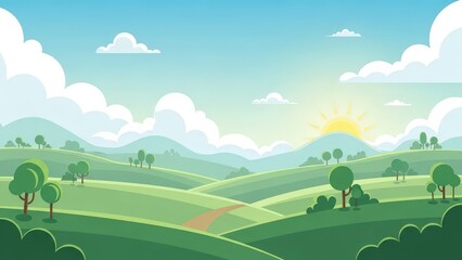 Fototapeta premium Colorful scenic landscape illustration of rolling green hills with trees under a bright sunrise and fluffy clouds in a peaceful countryside setting