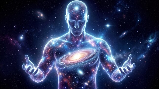 Cosmic entity with galaxy inside chest floating in deep space. Spiritual being manifesting universal energy and starlight in vast nebula.