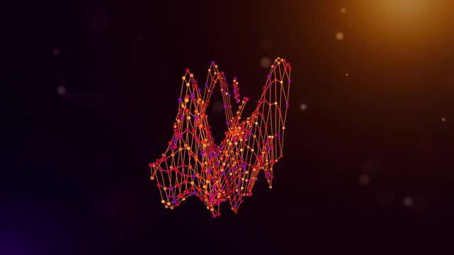 Animated New Zealand map reveal created from neural network nodes and flowing data connections with connected intelligence text on a glowing purple orange technology background.
