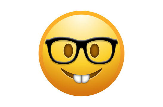 ​Nerd face emoji illustration with glasses and buck teeth isolated on white background