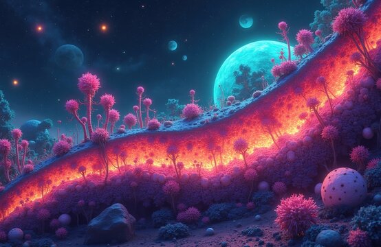 Alien planet landscape with glowing flora, bizarre plants, and planets in the night sky. Exotic scene with neon colors, futuristic organic forms, and cosmic wonders.