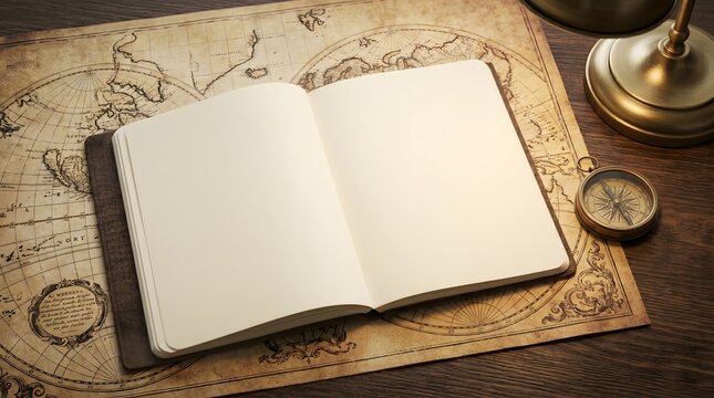 Concept, Travel, Open Blank Notebook on Vintage World Map Background. generic cloth binding with unprinted cream pages featuring engineering grid