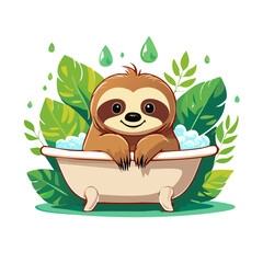 Obraz premium Cute cartoon sloth taking a bath with bubbles and leaves