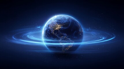Fototapeta premium Planet Earth surrounded by glowing light rings symbolizing protection
