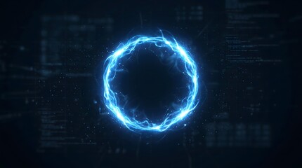 Obraz premium Abstract, Digital, Glowing Blue Circular Energy Ring Floating In Dark Digital Space. a single, pulsating, luminous blue ring of energy is centered