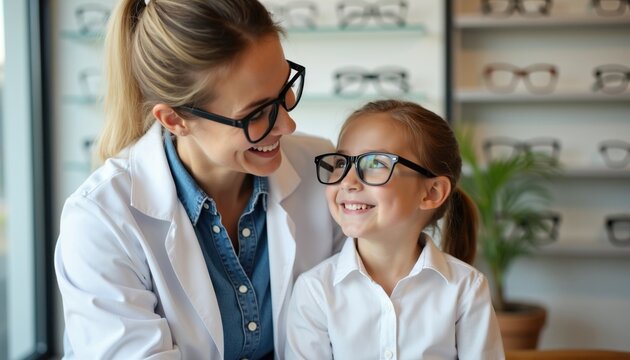Mother and daughter choose eyeglasses in shop. Child smiles trying new glasses with help from woman. Optical store displays frames for vision correction. Eye care consultation for kid.