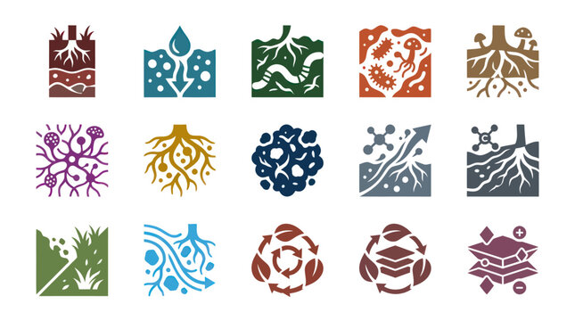 Flat Glyph Icons for Soil Health, Plant Roots, and Microorganisms in Agriculture  Environmental Science
