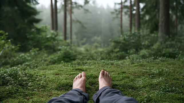 bare foot resting on soft green moss under mist forest tree canopy showing calm nature outdoor