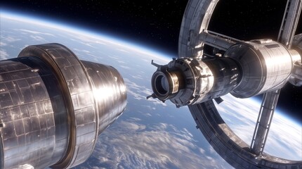 Fototapeta premium Large space station modules preparing for docking in orbit above a planet. Advanced aerospace engineering and interstellar travel concept.