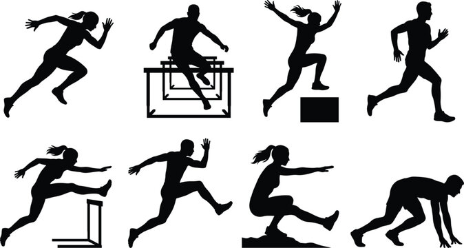 Set of track and field athlete silhouettes featuring runners hurdlers long jumpers and sprinters at starting blocks.