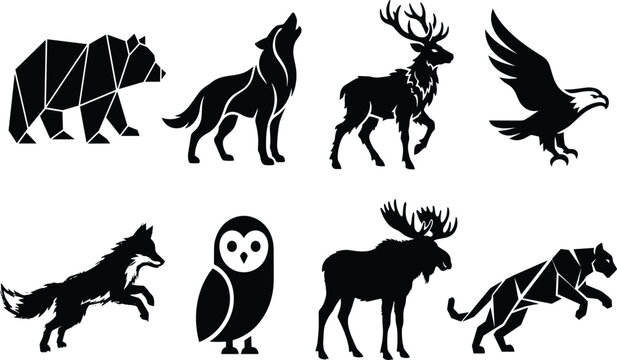 Collection of wild animal silhouettes featuring geometric grizzly bear howling wolf majestic stag eagle in flight grimy fox minimal owl bull moose and low poly stalking panther