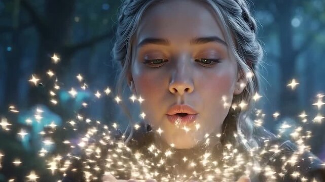 Fantasy Blonde Elf Woman Blowing Magic Sparkles and Stardust from Her Hands in Enchanted Forest