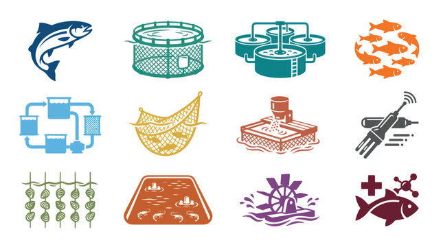 Aquaculture Fish Farming Flat Glyphs Icons Set. Seafood Industry, Farm Production Systems, Aquatic Animal Harvest.